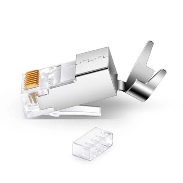 Cat7 RJ45 Pass Through Modular Plugs, Shielded (F/UTP) Network Connectors for 23AWG Twisted Pair Solid Cable (100/Pack)